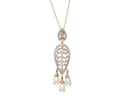 A gold, brilliant-cut diamond pendant, with similarly-cut diamond surmount and calibre-cut diamond spacer, suspending three d