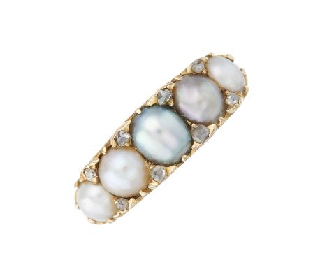 A late Victorian 18ct gold graduated split pearl five-stone dress ring, with rose-cut diamond double spacers and scrolling ga