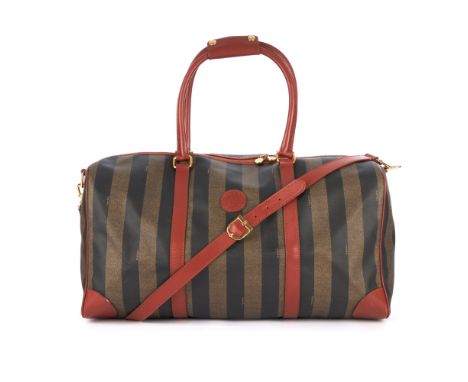 Fendi, a Pequin duffle bag, featuring the maker's khaki green and black striped coated canvas exterior with brown leather tri