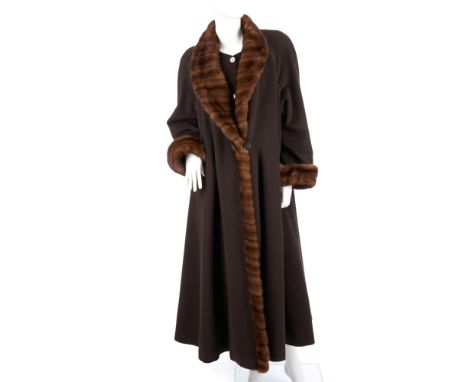 Mendel, a ladies full-length brown cashmere coat with demi buff mink trim, featuring a double layered front with button faste