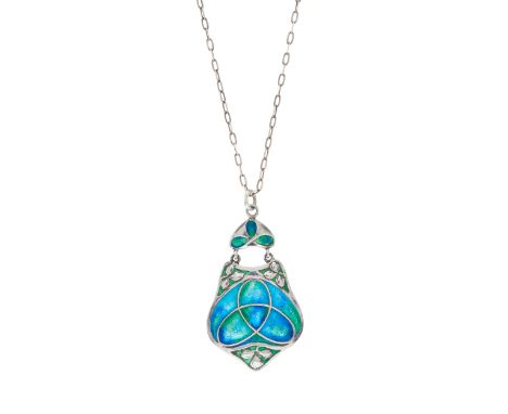 Murrle Bennett & Co., an Art Nouveau silver and polychrome enamel foliate pendant, with enamel trefoil surmount, suspended fr