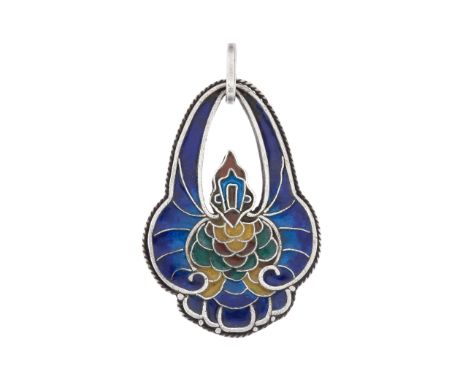 An Art Nouveau silver and polychrome enamel double sided pendant, the front designed as a stylised bird, the reverse with ini