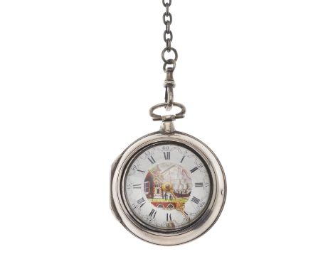 Charles Duplock, a late Georgian silver pair case pocket watch, with enamel dial painted to depict a Galleon scene, suspended