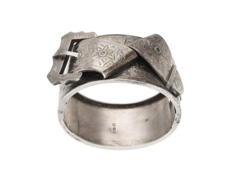 A late Victorian silver, floral engraved hinged bangle bracelet, with buckle overlay, hallmarks for Birmingham 1885, inner di