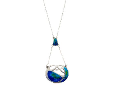Charles Horner, an Art Nouveau silver and polychrome enamel Celtic knot pendant, with chain surmount and enamel spacer, suspe