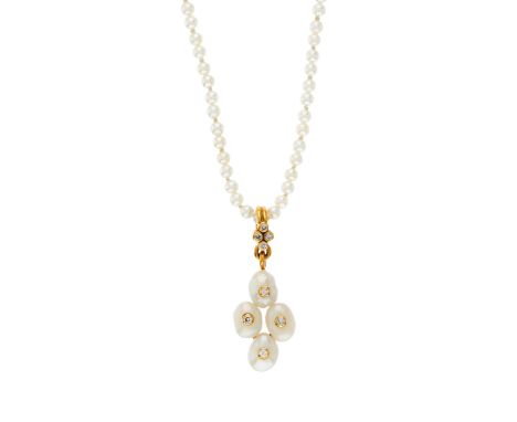 An 18ct gold baroque pearl and brilliant-cut diamond quatrefoil pendant, suspended from a seed pearl chain, with gold push-pi