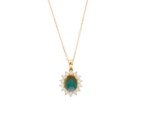 An 18ct gold opal cabochon and brilliant-cut diamond cluster pendant, suspended from an 18ct gold trace-link chain, estimated