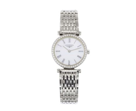 Longines, a stainless steel La Grande Classique bracelet watch, mother-of-pearl dial and factory diamond set bezel, reference