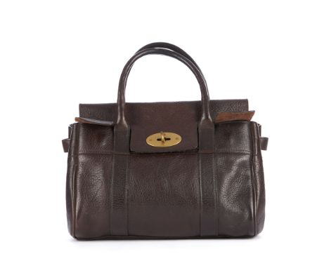 Mulberry, a small brown Bayswater handbag, crafted from brown leather, with brushed gold-tone hardware, featuring dual rolled