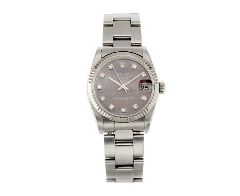 Rolex, a stainless steel Oyster Perpetual Datejust bracelet watch, circa 2003, factory diamond set mother-of-pearl dial, refe