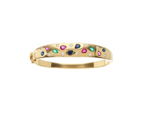 An 18ct gold multi-gem hinged bangle bracelet, set throughout with pear-shape sapphires, rubies and emeralds, with brilliant-