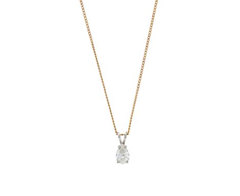 A platinum pear-shape diamond single-stone pendant, suspended from a 9ct gold curb-link chain, diamond weight 0.80ct, estimat