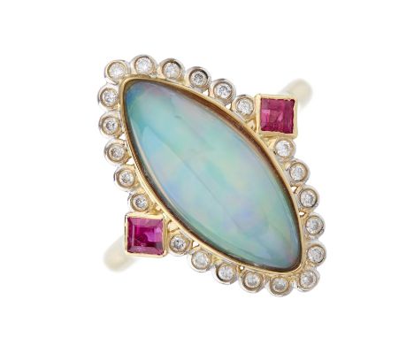 An 18ct gold opal cabochon and brilliant-cut diamond cluster dress ring, with square-shape ruby accent sides, opal weight 3.2