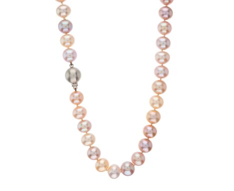 A freshwater cultured pearl single-strand necklace, with 18ct gold spherical push-piece clasp, pearls measure approximately 1