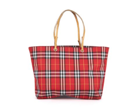Burberry, a rare red Nova Check handbag, crafted from red check coated canvas, with dual thin tan leather handles, an open to