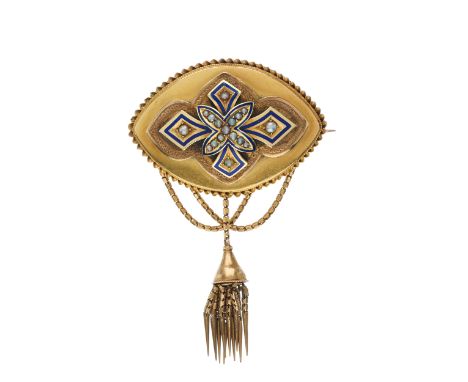 A late Victorian gold, split pearl and enamel brooch, with rope-twist surround, suspending a series of swags and a tassel dro