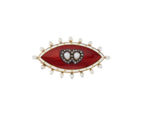 A late Victorian gold, vari-hue enamel and seed pearl marquise-shape brooch, with split pearl and rose-cut diamond double hea