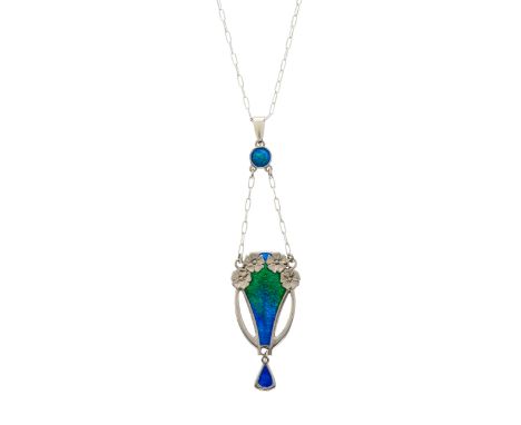 Charles Horner, an Art Nouveau silver and polychrome enamel floral pendant, with enamel drop and chain spacer, suspended from