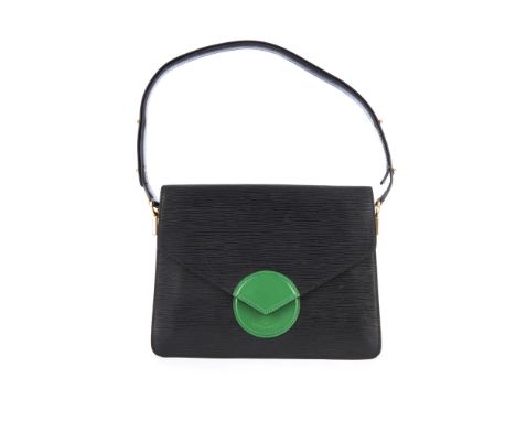 Louis Vuitton, a black epi Hoche handbag, crafted from black textured epi leather, featuring a smooth green leather central c