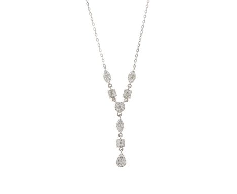 A 14ct gold pave-set diamond drop necklace, designed as a series of vari-shape panels, suspended from an integral trace-link 