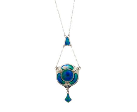Charles Horner, an Art Nouveau silver, blue and green enamel pendant, with enamel drop and chain spacer, suspended from a lat
