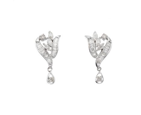 A pair of vari-cut diamond foliate cluster earrings, each suspending a brilliant-cut diamond drop, estimated total diamond we