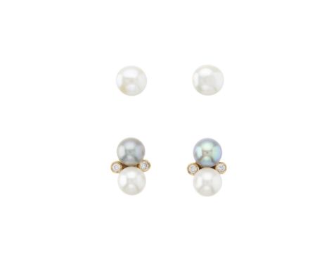 A pair of 18ct gold vari-hue cultured pearl and brilliant-cut diamond stud earrings, together with a pair of gold pearl singl