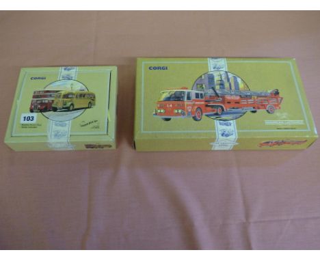 BOXED CORGI AMERICAN LAFRANCE AERIAL LADDER TRUCK AND A BOXED CORGI DEVON BUS SET 97071 