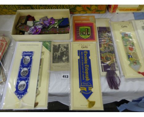 SELECTION OF COMMEMORATIVE AND GREETING WOVEN SILK BOOKMARKS, A WOVEN FLOWER APPLIQUE PATCH AND A EDITH CAVEL WOVEN SILK 