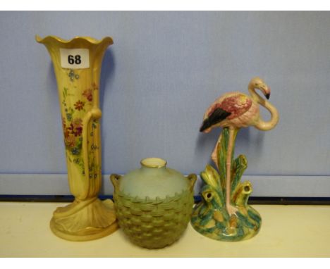 ROYAL WORCESTER BLUSH IVORY FLORAL PAINTED TRUMPET VASE, PUCE MARK (G1015 CA/F - REPAIRED(. ROYAL WORCESTER FLAMINGO SPILL VA