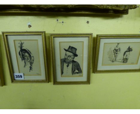 R.T CULLEY PEN AND INK TWO PORTRAIT SKETCHES AND A CHARIACITURE WITH CLOWN (MONOGRAMMED R.T.C DATED 1917) 11CM X 8CM F/G 