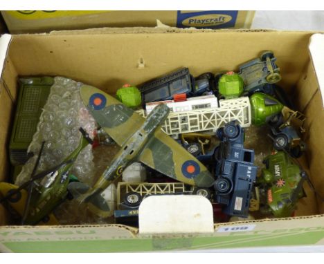 SELECTION OF DINKY PLAYWORN MILITARY AIRCRAFT HELICOPTERS AND CORGI MILITARY VEHICLES 