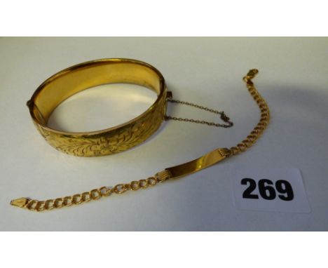 .375 OPEN LINK ID BRACELET WITH LOBSTER CLAW CLASP AND A 9 CT GOLD YELLOW CORE ENGRAVED BANGLE