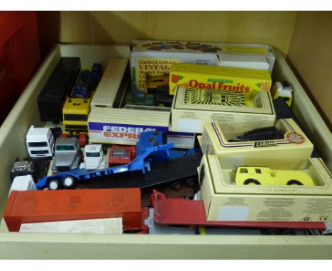 SELECTION OF PLAY WORN MATCHBOX CORGI, ARTICULATED LORRIES, HIGH-CAB TANKERS ETC