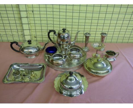 SELECTION OF EPNS/SILVER PLATED ITEMS. HOTEL PLATE, PAIR OF NAPKIN RINGS, SPILL VASES ETC. FOUR PIECE TEA/COFFEE SERVICE 