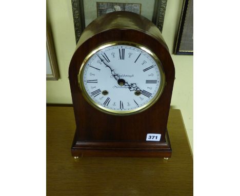 20TH CENTURY REPRODUCTION REGENCY STYLE MAHOGANY ARCH TOPPED MANTLE CLOCK 31CM HIGH (A/F: SPLIT/BUBBLE TO CASE)