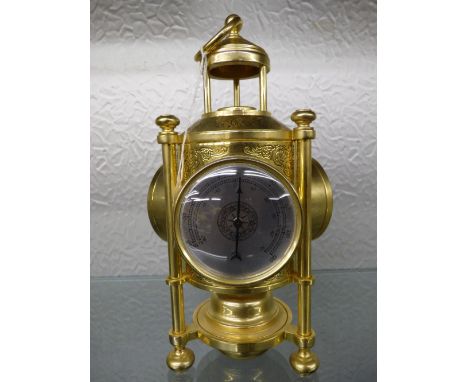 AN EARLY 20TH CENTURY BRASS SHIP'S LANTERN TYPE CLOCK WITH THREE FACES 24CM INCLUDING BAROMETER, THERMOMETER AND COMPASS