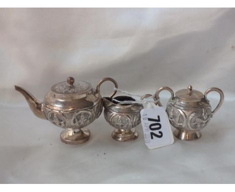 Eastern miniature three piece tea service, 3.5" over spout  102g.         