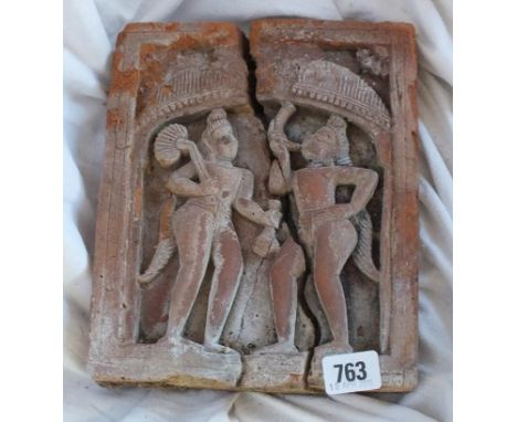 Another carved red sand stone relief two figures under  arch, 9" high         