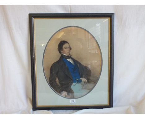 Victorian School. Oval portrait of gent in blue waistcoat  16"x13"        