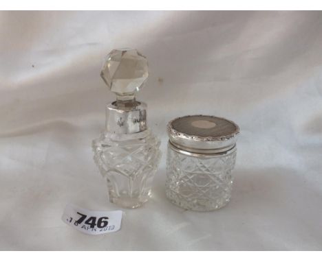 Hobnail cut small cylindrical dressing table jar with  engine turned cover, 1.5" dia. B'ham 1907 by EW,  also a small scent b