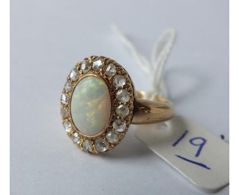 GOOD VICTORIAN 18CT GOLD OPAL  &amp; diamond cluster ring with vibrant coloured  opal approx 10mm long size N  6g inc    