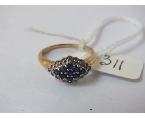 9ct lozenge shaped sapphire &amp; diamond  multi stone cluster ring, size M.       