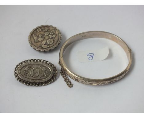 Silver hinged bangle and 2 Victorian  silver brooches        