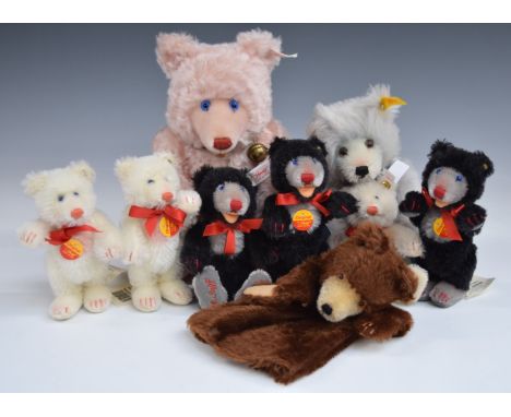 Nine Steiff Teddy bears including Original examples, hand puppet, Rosey, 1929 Classic Teddy Baby etc, all with original label