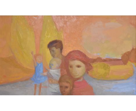 Acrylic on canvas abstract family portrait, indistinctly signed lower right possibly Peter Waite and dated 69, 75 x 125cm, in