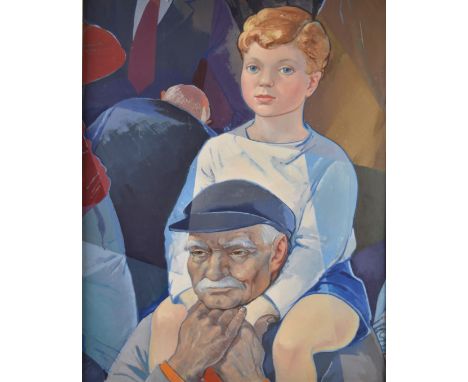 Attributed to Dan Stephen (Scottish 1921-2014) oil on canvas portrait boy atop his grandfather's shoulders, inscribed verso w