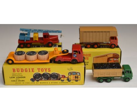 Four Budgie Toys diecast model vehicles Salvage Crane, Cattle Truck, Low Loader with Cable Drums and Leyland Hippo, three in 