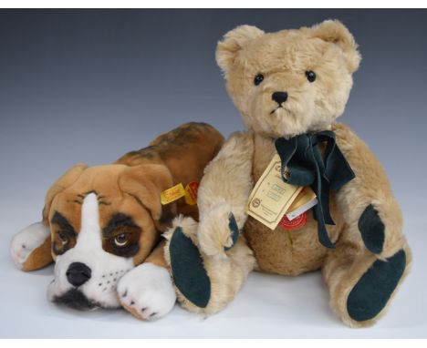 Two Teddy bears Hermann Original limited edition 247/1000 and Steiff Boxer dog, 38cm long.&nbsp;