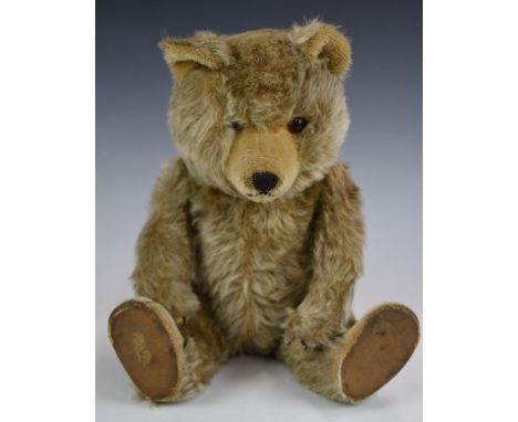 Chiltern Ting-a-Ling Teddy bear with chimes, blonde mohair, shaved snout, straw filling, disc joints, stitched features and r